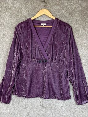 J Jill Blouse Womens Extra Large Purple Velvet Rayon Silk Beaded V Neck- 4604